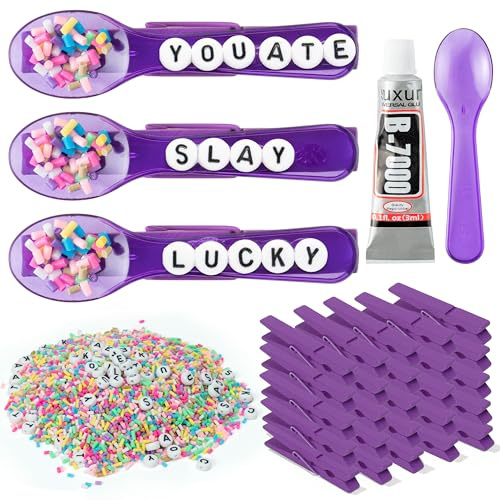 Haooryx You ATE Spoon Cheer Pins Team Spirit Clips - 60 Set Purple DIY Good Luck Wooden Clothes Pin Bead Craft Kit Bright Cheerleader Gift for Volleyball Cheer Gift Girls Birthday Party Game Supplies