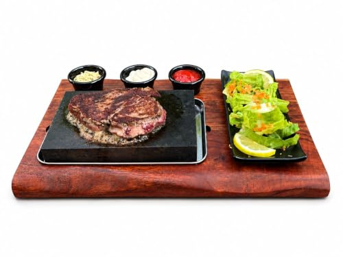 SLATEEX Premium Heißer Stein Steak Set – Speckstein mit massivem Akazienholzbrett, Edelstahlschale & 3 Dip-Schalen – Tischgrill für Steak, Fleisch, Fisch & Gemüse