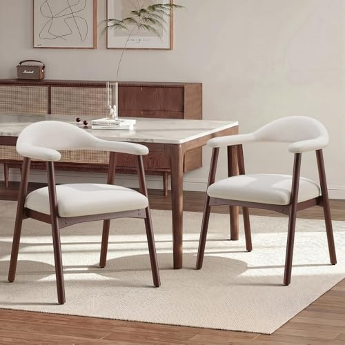 MALOL 2er Set Stoffsessel Esszimmerstühle, gepolsterte Esszimmerstühle mit gebogener Rückenlehne und Holzbeinen, Mid-Century-Modern Küchenstühle für Küche und Esszimmer, Beige