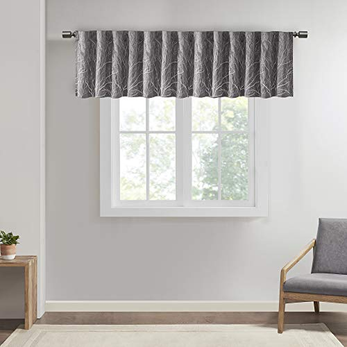 Madison Park Andora Bestickter Stangentaschen-Volant, Baum, kleine Kunstseide, Volants für Fenster, 127 x 45,7 cm, Grau