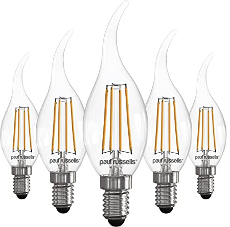 paul russells LED Flame Candle Filament Light – 4.5W 40W Equivalent Replacement, 470LM Lumens, 2700K Warm White, SES E14 Small Edison Screw C35T Bulbs – Energy Saving Non-Dimmable Lamps - 5 Pack