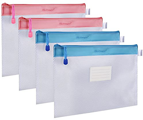 Wisdompro Pochette Plastique A4 4 Pièces, Pochette Document Zippée pour Stocker des Documents, des Reçus, de la Papeterie, des Cosmétiques (Rose/Bleu)