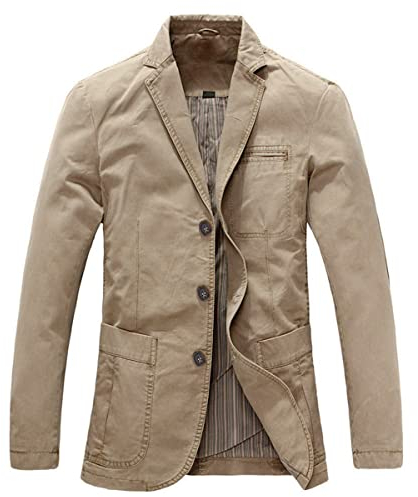 Allthemen Mens Casual Blazer Slim fit Long Sleeve Jacket Washed Cotton 3-Button Casual Suits Blazer Jackets, Brown,Khaki (3 Button), L