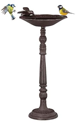Relaxdays Abreuvoir en Fonte sur Colonne, Décoration pour Jardin,mangeoire avec Soucoupe pour Oiseaux Sauvages 40 cm, Haut Brun, Marron
