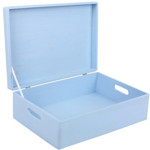 Creative Deco XL Large Blue Plain Wooden Storage Box | 40 x 30 x 14 cm | (+/-1 cm) | Hinged Lid & Handles | Gift Christmas Xmas Box Storage | UNSANDED Wood Keepsake Memory Craft Chest