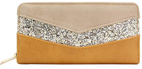 CRAZYCHIC - Portefeuille Paillettes Grande Capacité Femme - Compagnon Porte-Monnaie Long Bande Strass Brillant Cuir PU Multicolore - Plusieurs Compartiments Cartes - Tendance Mode - Marron Camel