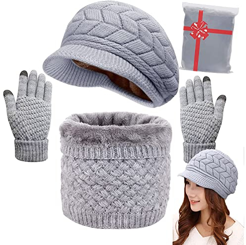 CheChury Mütze Schal Set Damen Wintermütze Warm Strickmütze Touchscreen Handschuh Winter Kombi Set Beanie Mit Pompon Grobstrick Geschenk Winterzubehör Warm Outdoor Sport