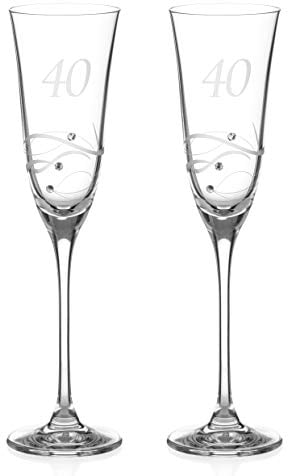 DIAMANTE Swarovski 40th Birthday or Anniversary Champagne Glasses – Pair of Crystal Champagne Flutes with Hand Etched “40” with Swarovski Crystals