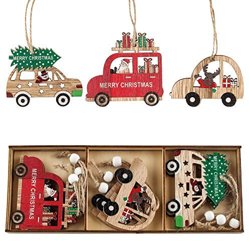 Christbaumschmuck aus Holz, 9 Stück Christbaum-Schmuck, Behang Set aus Holz, Verschiedene Muster zum Aufhängen, Christbaumschmuck in Holzkisten Verpackt und Holzanhänger mit Anhängern Verziert (MZ365)