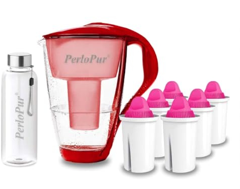 perlopur® Glas-Wasserfilter (rot) +6 Kart. Aquamag +Glas-Trinkfl. | Borosilikatglas, 2 l gesamt, 1 l gefiltert, LED-Anzeige, für classic Kartuschen, Magnesium-Zugabe, ideal für Kaltgetränke
