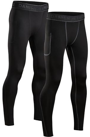 DANISH ENDURANCE 2 Pack Mallas de Compresión para Hombre, Pantalones Deportivos Running con Bolsillos, Multicolor (1x Negro, 1x Negro/Gris), M