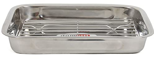 DOMOTTI Bräter mit Rost 35 x 26 x 6 cm Ofenform Backform Edelstahl Auflaufform mit Gitter Grill silber rechteckig