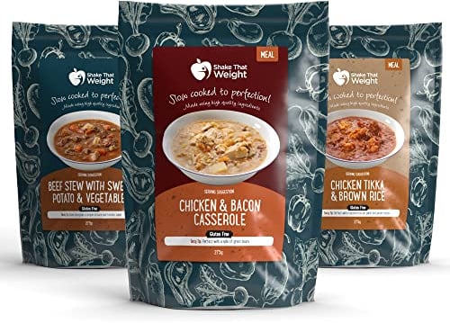 Shake That Weight - Best of British: Chicken & Bacon Casserole, Chicken Tikka with Brown Rice, Beef Stew with Sweet Potato - High Protein Diet Ready Meals, Ready to Eat (MRE) Suitable for Camping