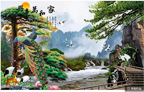 Selbstklebende Abnehmbaren Durchbrechen Die Mauer Vinyl Wandsticker Benutzerdefinierte Fototapete 3D-Tapete Im Chinesischen Stil, Alpiner Fließender Baum, Pfauenkranich, 3D-Wandbild, Tapete Für Wohn