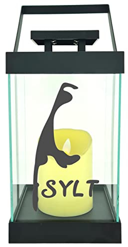 WB wohn trends Edle Glas-Laterne mit LED-Kerze, Insel Sylt maritim, Timer, 35cm hoch mit Bügel, 24,5x13x13cm, Batterie LED-Licht LED-Laterne LED-Lampe mit Text Spruch