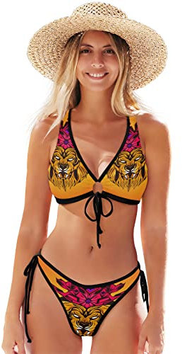 Roi Lion Effrayant Jaune Bikini Deux Pièces Femme Maillot de Bain 2 Pièce Tenue de Plage Swimsuit pour Filles