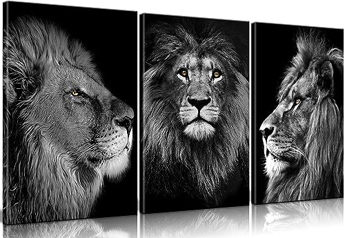 Framed 3 Pces Lion Black and White Canvas Wall Art Man's Gift Decor Africa Wild Animals Head Portrait Modern Poster Prints Painting Wall Pictures for Living Room Bedroom Hotel Home Decorate