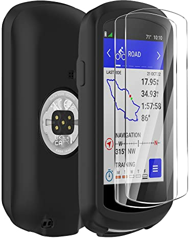 Ermorgen Funda de silicona compatible con Garmin Edge 1040 funda + 2 protectores de pantalla de vidrio templado, funda de silicona suave, protección a prueba de golpes todo incluido - Negro