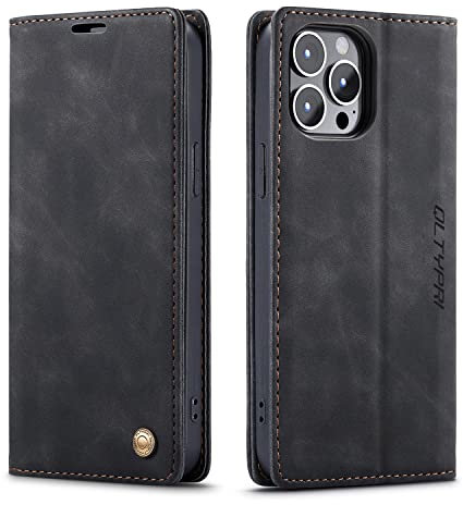 QLTYPRI Case for iPhone 14 Pro, Vintage PU Leather Wallet Case Card Slot Kickstand Magnetic Closure Shockproof Flip Folio Book Case Cover for iPhone 14 Pro - Black