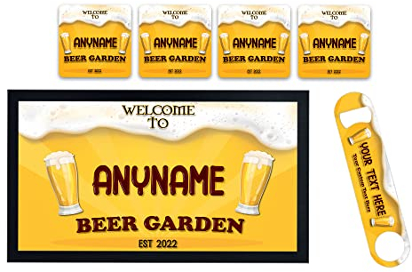 ShopQuality4U Personalise Beer Garden Cocktail Bar Runner Mat, optional: Matching Bottle Opener, Drinks Coasters, Gift Set Beer Gifts Home Bar Accessories for Pub Bars Man Cave Him Her Gin Oclock