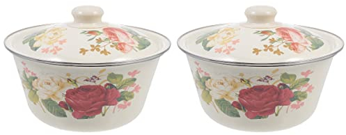 BESTonZON 2 Emaille Suppenschüssel Vintage Retro Mit Deckel - Rührschüssel Emailgeschirr Salatschüssel Ramen