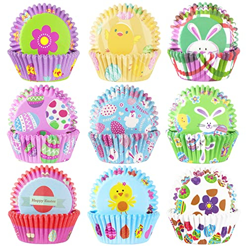SANNIX 450 Stück Oster-Cupcake-Förmchen, Hasen-Küken-Ei-Backförmchen, Cupcake-Förmchen, Muffin-Förmchen für Ostern, Frühling, Geburtstagsparty, Süßigkeiten, Kuchendekorationen, Zubehör (9 Designs)