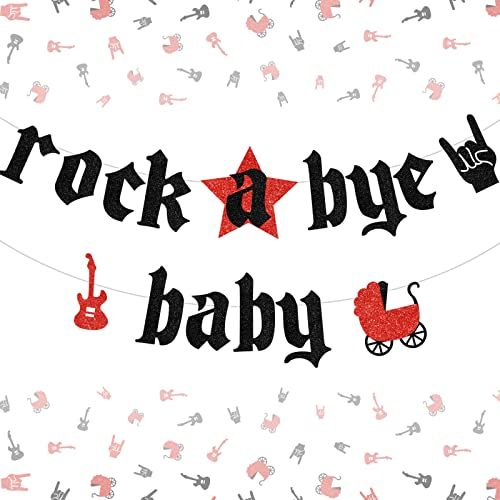 Rock Baby Shower Dekorationen, Rock A Bye Baby Banner Girlande Rot und Schwarz Glitzer, Musiknote Born to Rock Banner für Musikthema Babyparty Zubehör