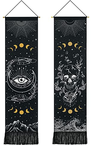 Yugarlibi 2 Pack Schädel böse Auge Wandteppich Wandbehänge schwarz Mondphasen Wandteppich Steleton Hand Ozean Welle Wandteppiche Berg Wandkunst für Schlafzimmer Wohnzimmer Schlafsaal Home 130x32.5cm