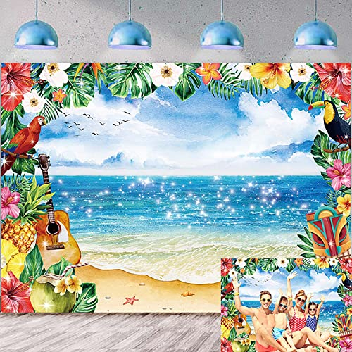 Sommer Hawaiian Strand Hintergrund 7x5FT Tropische Blume Palmen Blätter Aloha Luau Fotografie Hintergrund Blauer Himmel Ozean Hawaiian Party Dekorationen Geburtstag Baby Dusche Foto Props