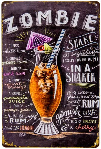 30 x 20 cm – Cartel de chapa retro, cartel de bar, receta de cóctel, decoración de pared para amantes de zombi y ron