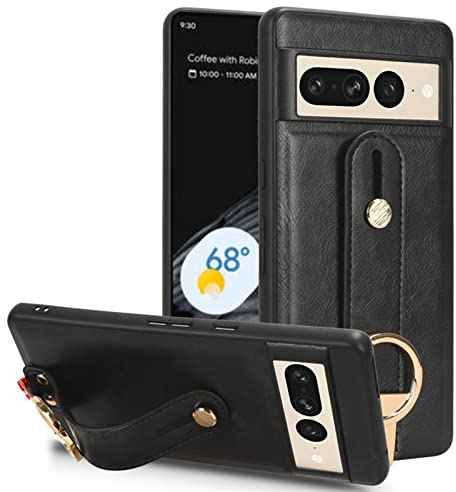 DENSUL Slim Case for Google Pixel 7/7 Pro,Wrist Strap Case, Back Ring Hook and Bottle Opener Function Shockproof TPU Bumper Phone Cover,Black,7Pro