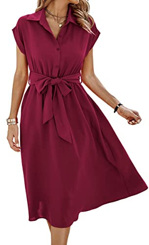 ASOMI Sommerkleid Damen Hemdkleid Kurzarm: Elegant Kurzarm Strandkleid Büro Wickelkleid Mode Tasche Hemdblusenkleid Lässig Blusenkleid Midikleid Knopf Plisseekleid V-Ausschnitt Gürtel A-Weinrot S