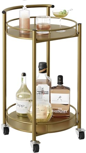 Azheruol Barwagen, goldfarbener Rollwagen für Zuhause, 2 Etagen, runder Weinwagen mit Griff, Metall-Weinregal und Rollen, Servier-Barwagen für Zuhause, Küche, Wohnzimmer, Weihnachten, Neujahr