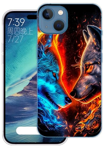 WUACYEAMING Hülle für iPhone 13,Aesthetic Motiv Weiche Silikon Muster TPU Bumper Stoßfest Schutzhülle Transparent Mädchen mit Cover HandyHülle case Pattern-(Zwei Wölfe)