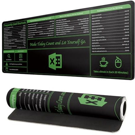 Excel Shortcut Gaming-Mauspad, 80 x 30 cm, groß, schwarz, lang, erweiterte Pads, großes Mauspad, große rutschfeste Gummiunterseite, wasserdicht, große Tastaturmatte mit genähten Kanten für PC,