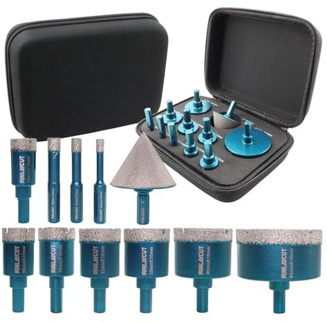 MINLAYCUT Foret Diamant Carrelage 6/8/10/20/25/28/32/35/45/65mm Trépans 50mm Fingerfraise Diamantée et Adaptateur pour Carrelage Porcelaine Granit Marbre(11 Pièces/Boîte)