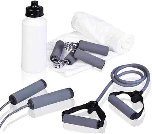 Bravich Home Training Fitness Set - Complete Gym Equipment with Jump Rope, Resistance Band, Hand Grips, 500ml Bottle, Towel & Drawstring Bag - Grey
