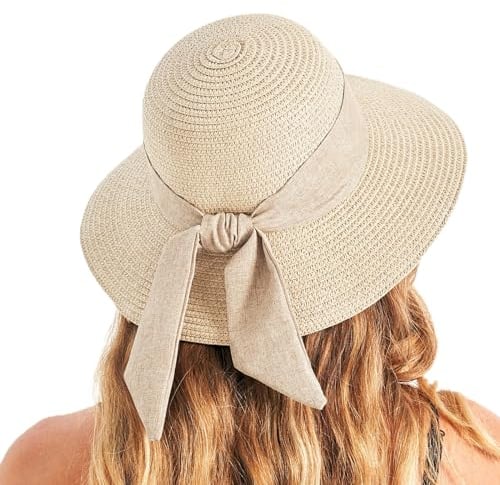 Gajaous Chapeaux de Soleil de Plage pour Femmes UPF 50+, Chapeau de Paille à Large Bord pour Femmes avec décoration nœud, Chapeau de Soleil en Paille léger, Pliable et Pliable pour Les Voyages d'été