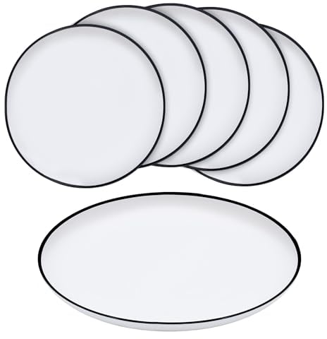 Spetebo Juego de 6 platos de melamina blanco con borde negro Ø 25 cm/platos grandes para camping y picnic de plástico, vajilla de camping para 4 personas, accesorios de camping, apto para lavavajilla