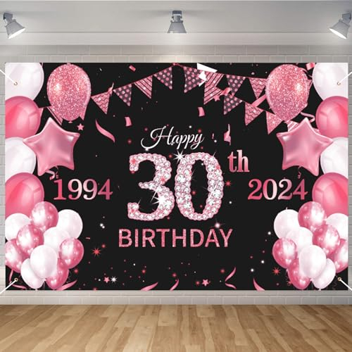 Seutgjie 30th Birthday Decoration Banner for Party - Black Rose Gold Backdrop 1994-2024 - 70.8 x 43.3 inches