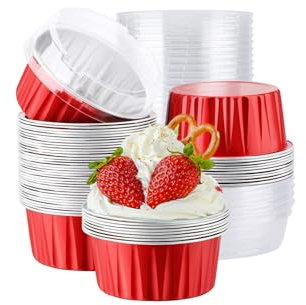 CURTEK 100 Pack Aluminum Foil Baking Cups with Lids 5 oz Dessert Cups Muffin Tins Disposable Mini Cake Pans Cupcake Cups Muffin Tins Liners for Wedding Birthday Individual Dessert Containers (Red)