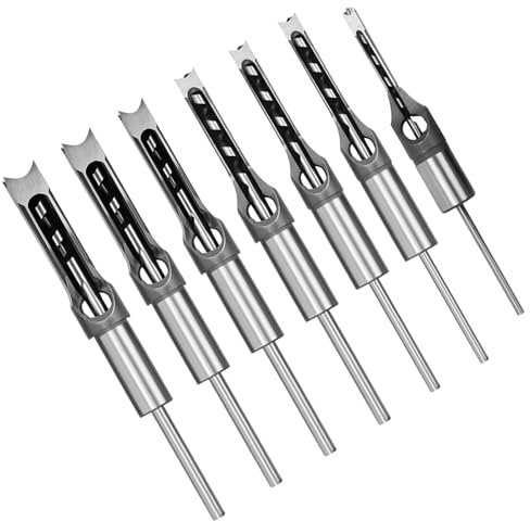 Square Hole Drill Bit Sets, 7Pcs Woodworking HSS Wood Mortising Chisel Countersink Bits Hole Mortise Drill Bit Set, 6.4mm 8mm 9.5mm 12.7mm 14mm 16mm 19mm
