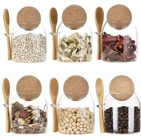 Eden & Willow Clear Glass Kitchen Jar with Cork Ball Lid and Bamboo Spoon | BPA-Free Mason Canister for Coffee, Beans, Spices, Dry Foods (Set of 6, 0.5L)