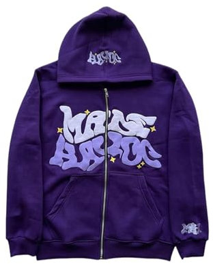 LIXQQS Herren 2000er Revival Streetwear Hoodie, Lässiger Oversize-Schnitt mit Kultigem Graffiti-Alphabet-Druck, Gestricktes Sweatshirt, Y2K Kapuzenjacke, Kapuzenpullover mit Reißverschluss(Purple,M)