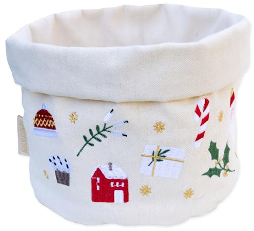 Papierdrachen Brotkorb mit Bestickung in beige rot gold - Weihnachten - Korb aus Canvas - langlebig - zum Aufbewahren von Brot und Gebäck - festliche Tischdekoration - Weihnachtstafel Set 01