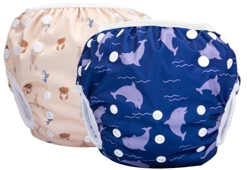 KIDVERSE 2er Set Schwimmwindel Baby 0-3 Jahre - Hautfreundliche Schwimmwindeln wiederverwendbar & saugstark - Baby Schwimmwindel mit Tasche & Wäschenetz (Beige Blau Meer 2er)