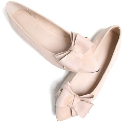 SAILING LU Bow-Knot Ballet Flats for Women Pointed Toe Crystals Wedding Shoes Comfort Light Weight Loafers, 241-apricot, 7 UK