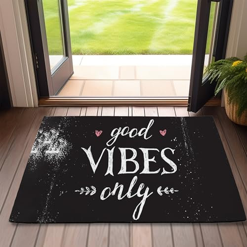 Doormat Good Vibes Only Door Mat,Black Funny Indoor Front Doormats for Home Entrance,Non-Slip Floor Mats for Porch Entryway Outdoor,Easy Clean,17x 30 inch