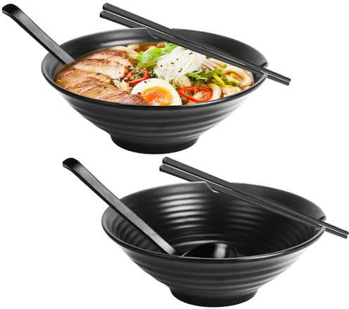 Bol Ramen, 2 Ensembles Saladier Réutilisable Avec Baguettes Et Cuillère, Bol Plastique, Saladier Plastique, 1000 ml, 23 x 8 cm, Bol Ramen Japonais, for Céréales Salade Riz Dessert Tapas Pâtes Udon