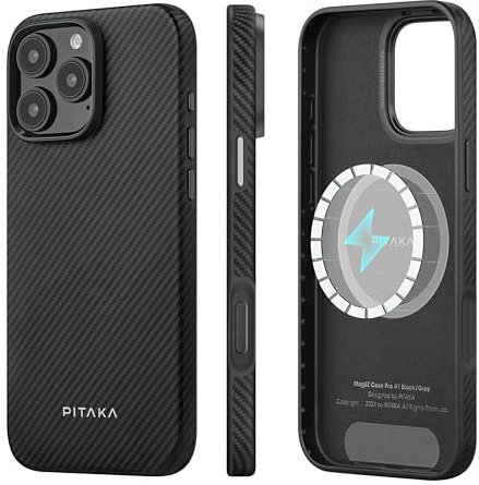 pitaka Hülle für iPhone 16 Pro Max Magnetische Schutzhülle mit Vollem Schutz Kompatibel mit Magsafe Dünne Vollgeschützte Handyhülle aus Aramidfaser und TPU Militärische Schutzhülle Schwarz/Grau